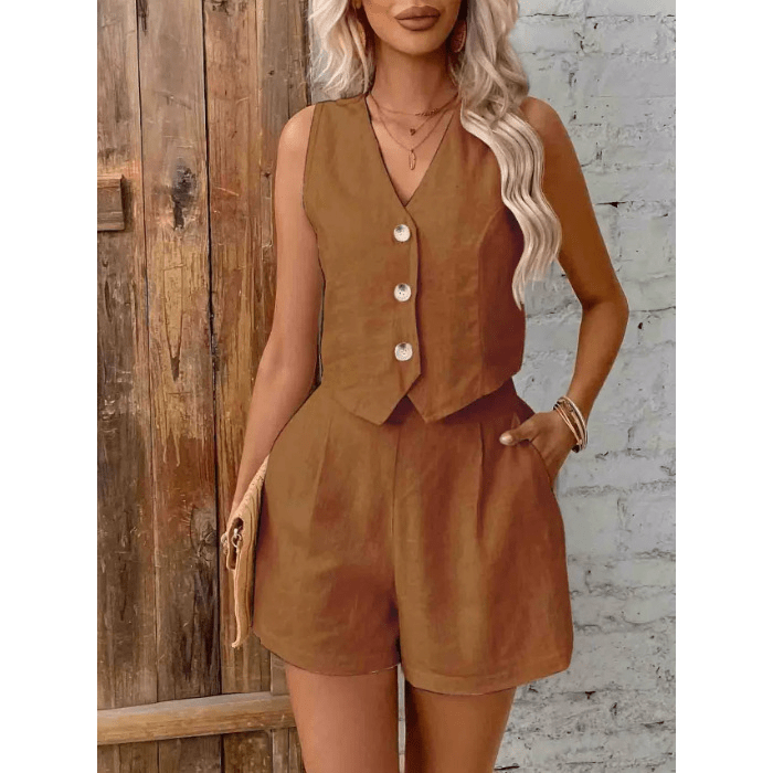 SOERA Lumi Cotton Linen Two Piece Set - Matching Sets -  Brown S