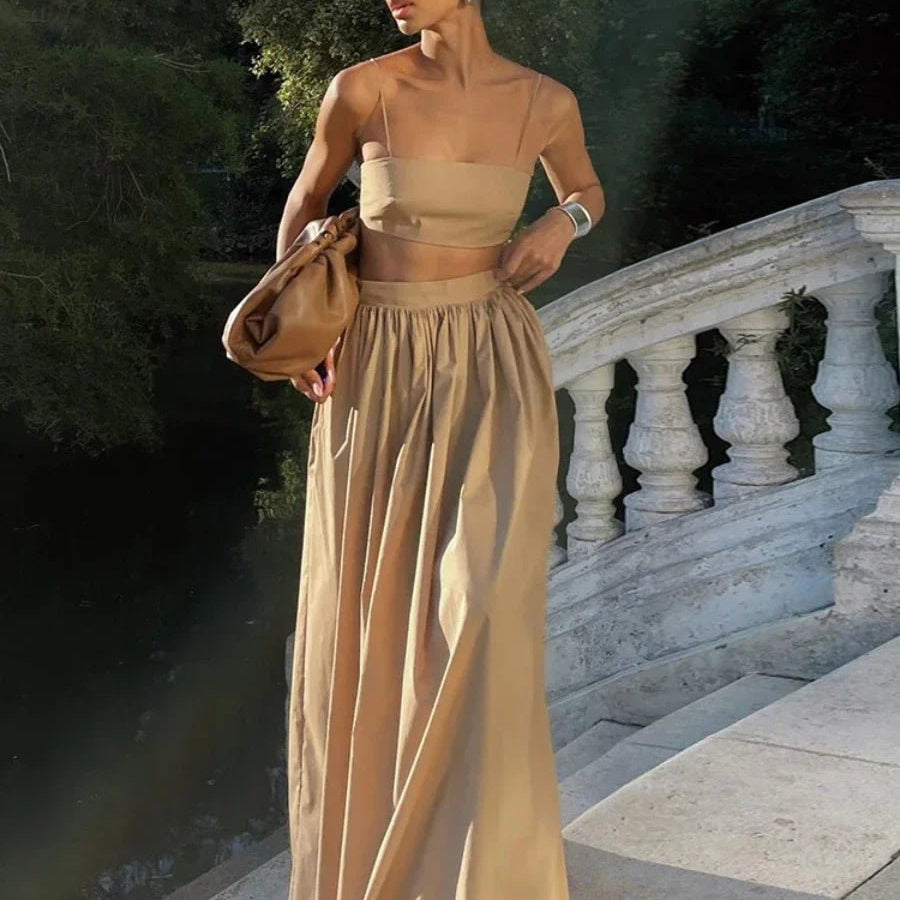 Olivia Striped Knit Two-Piece Set in White, Women's Striped Knit Two-Piece Set, Strapless Crop Top, Ankle-Length Skirt, Coordinated Outfit, SOERA