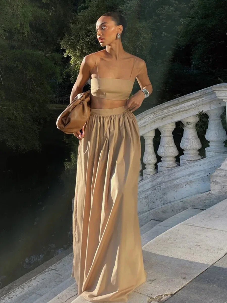 Olivia Striped Knit Two-Piece Set in Camel, Women's Striped Knit Two-Piece Set, Strapless Crop Top, Ankle-Length Skirt, Size M, SOERA