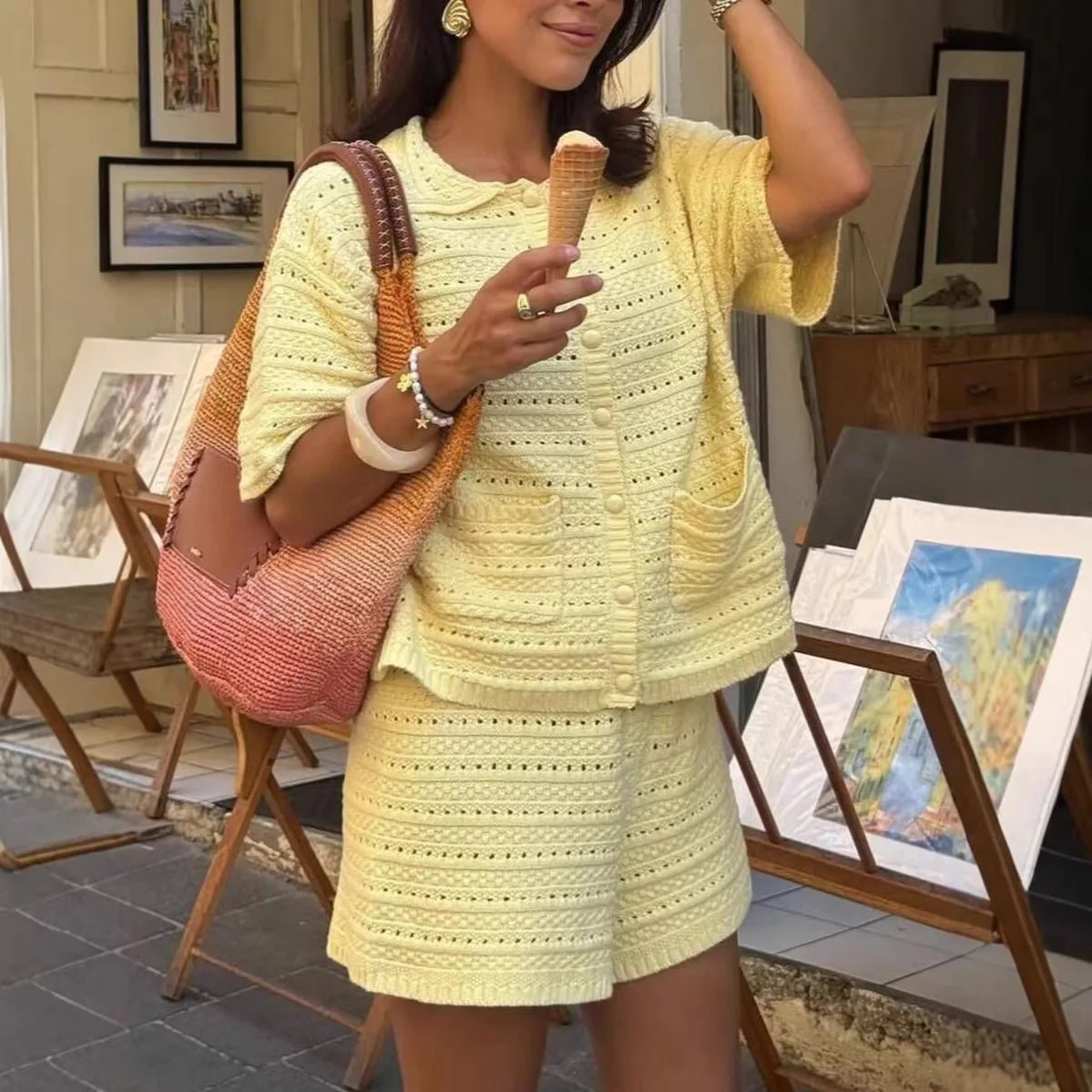 SOERA Sasha Solid Knit Cardigan Shorts Set - Matching Sets -  Yellow S