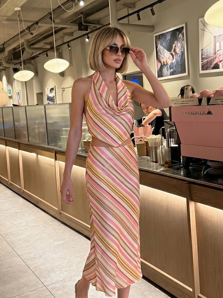 SOERA Sienna Bohemian Striped Satin Two - Piece Set - Matching Sets -  Set XS