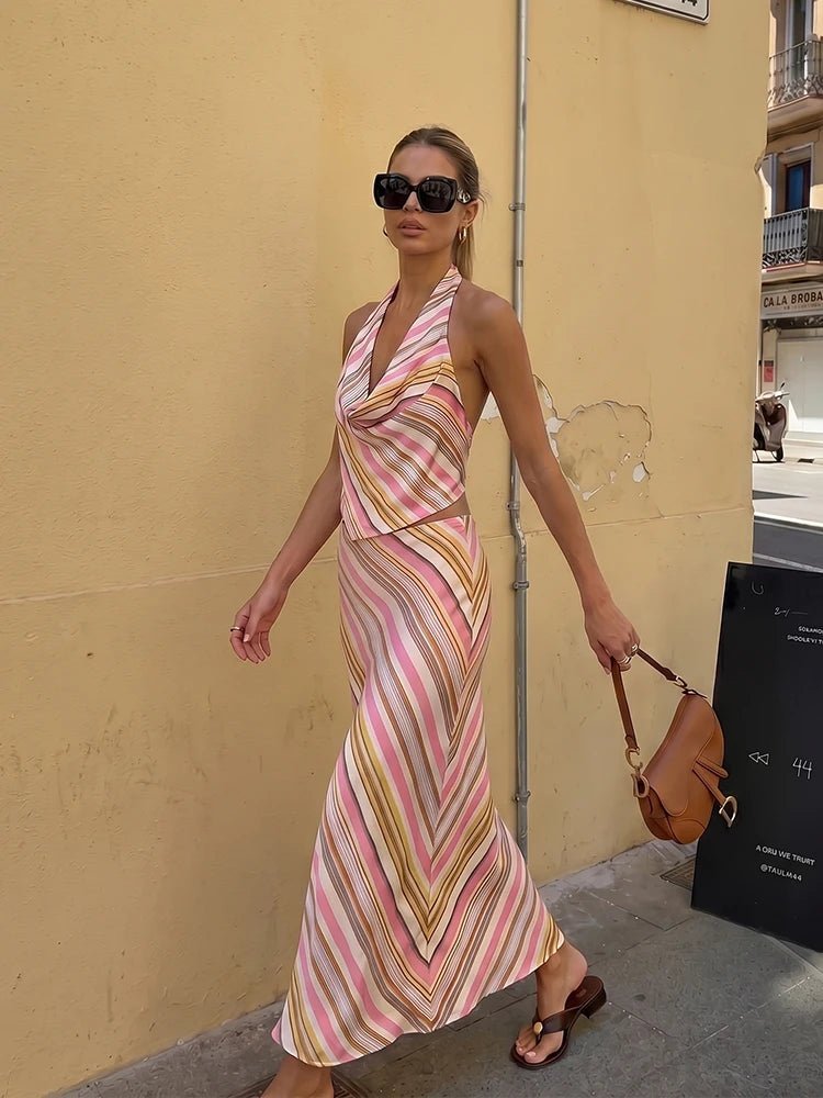SOERA Sienna Bohemian Striped Satin Two-Piece Set - Matching Sets -  Skirt XS