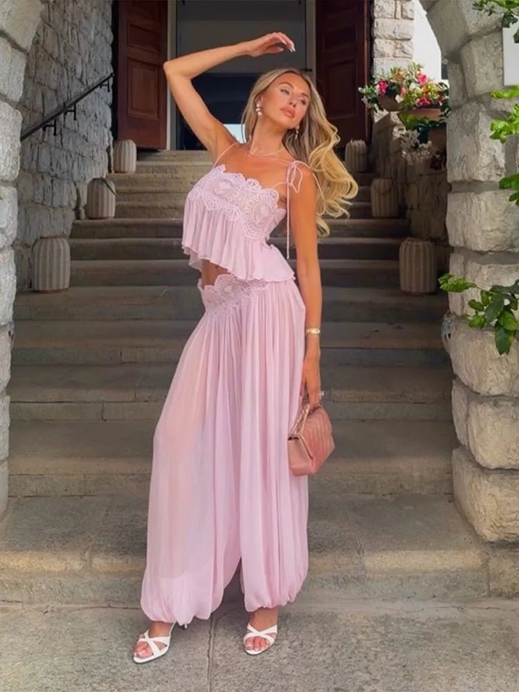 Sophia Floral Lace Ruffle Crop Top & Maxi Skirt Set in Pink, Women's Floral Lace Ruffle Crop Top Maxi Skirt Set, Size S, SOERA
