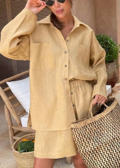 SOERA Sophia Linen Button - Down Shirt & High - Waist Shorts Set - Matching Sets -  Brown M