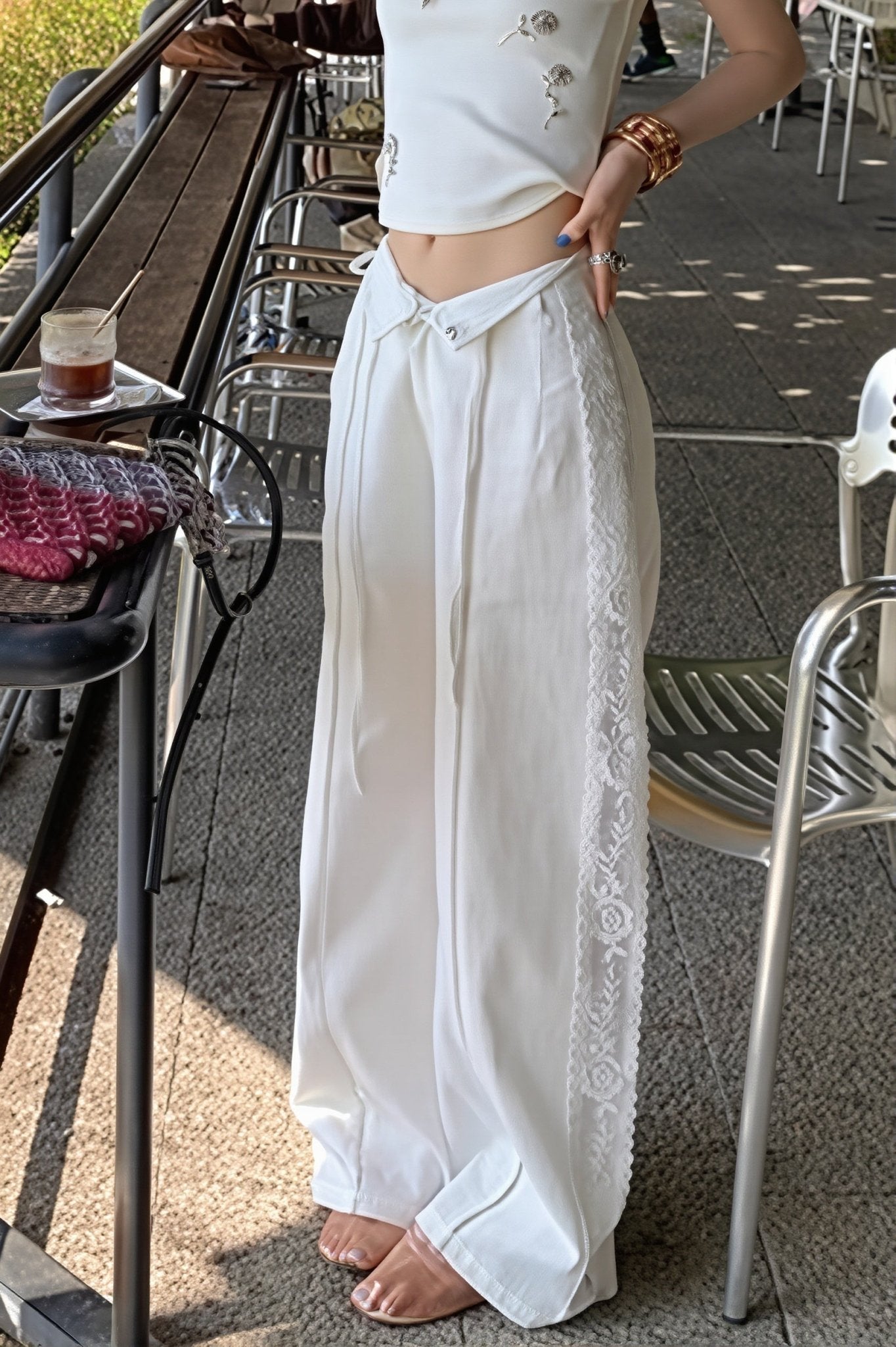 SOERA Beatrice Linen Lace Splicing Straight Pants - Pants -  White M