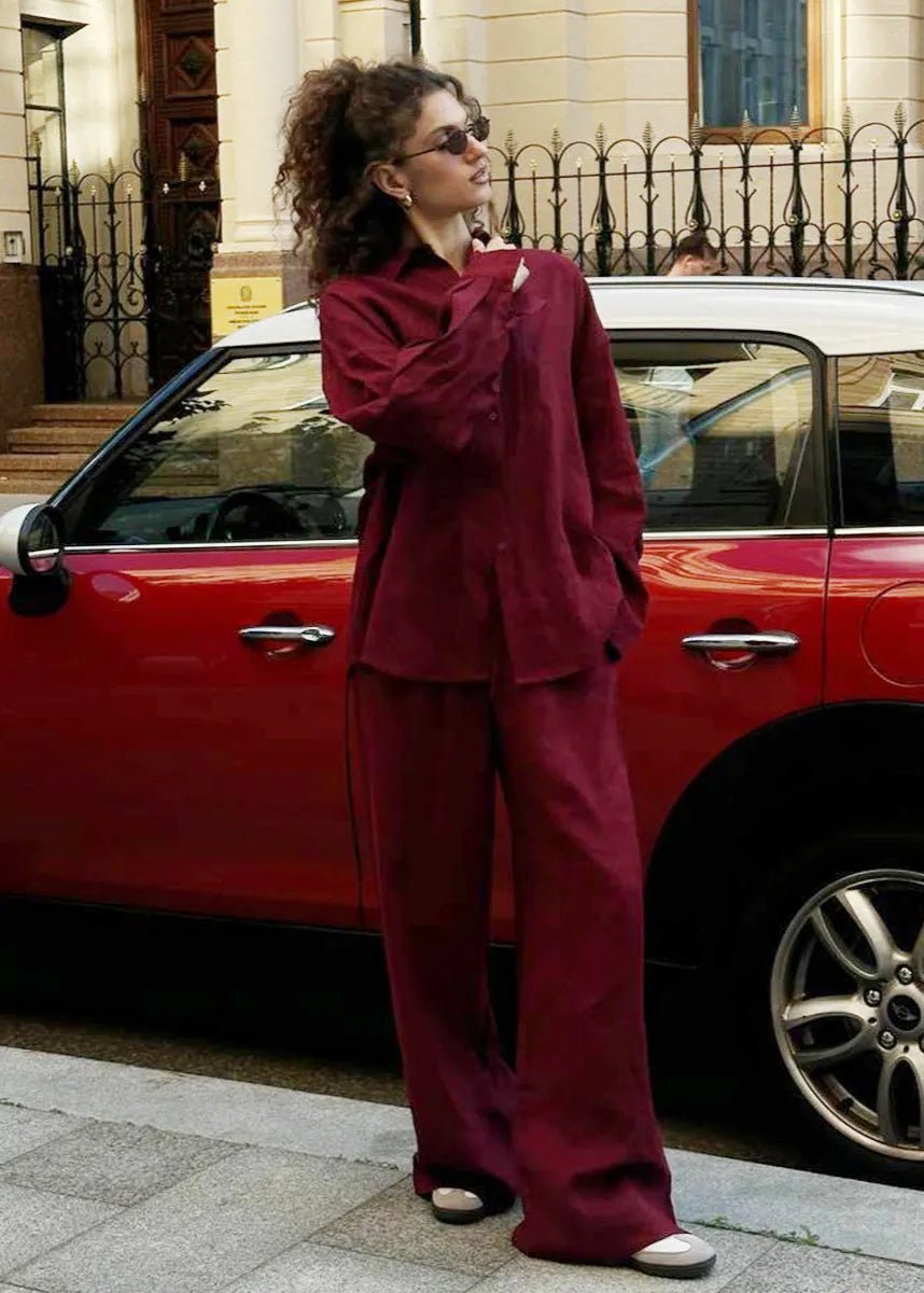 SOERA Bianca Relaxed Cotton Shirt & Wide - Leg Pants Set - Pants -  Burgundy M