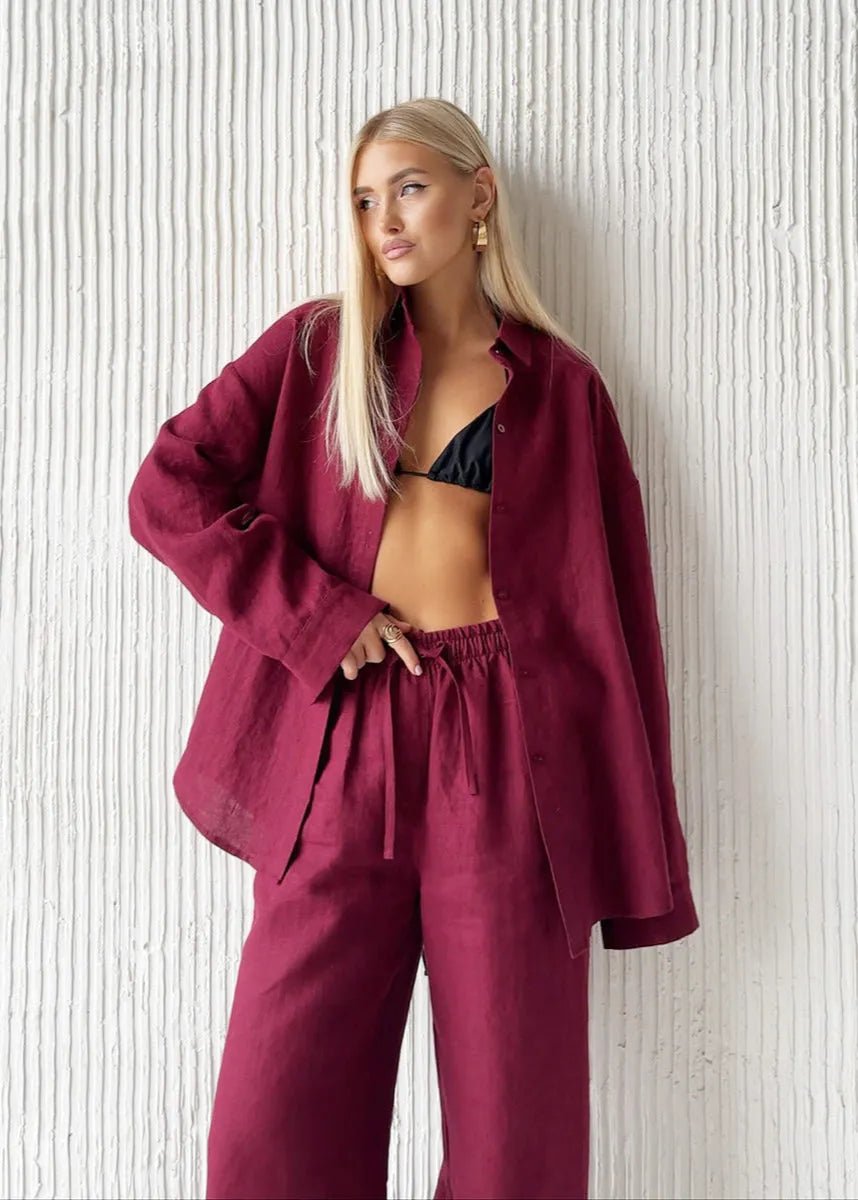 SOERA Bianca Relaxed Cotton Shirt & Wide - Leg Pants Set - Pants -  Burgundy S