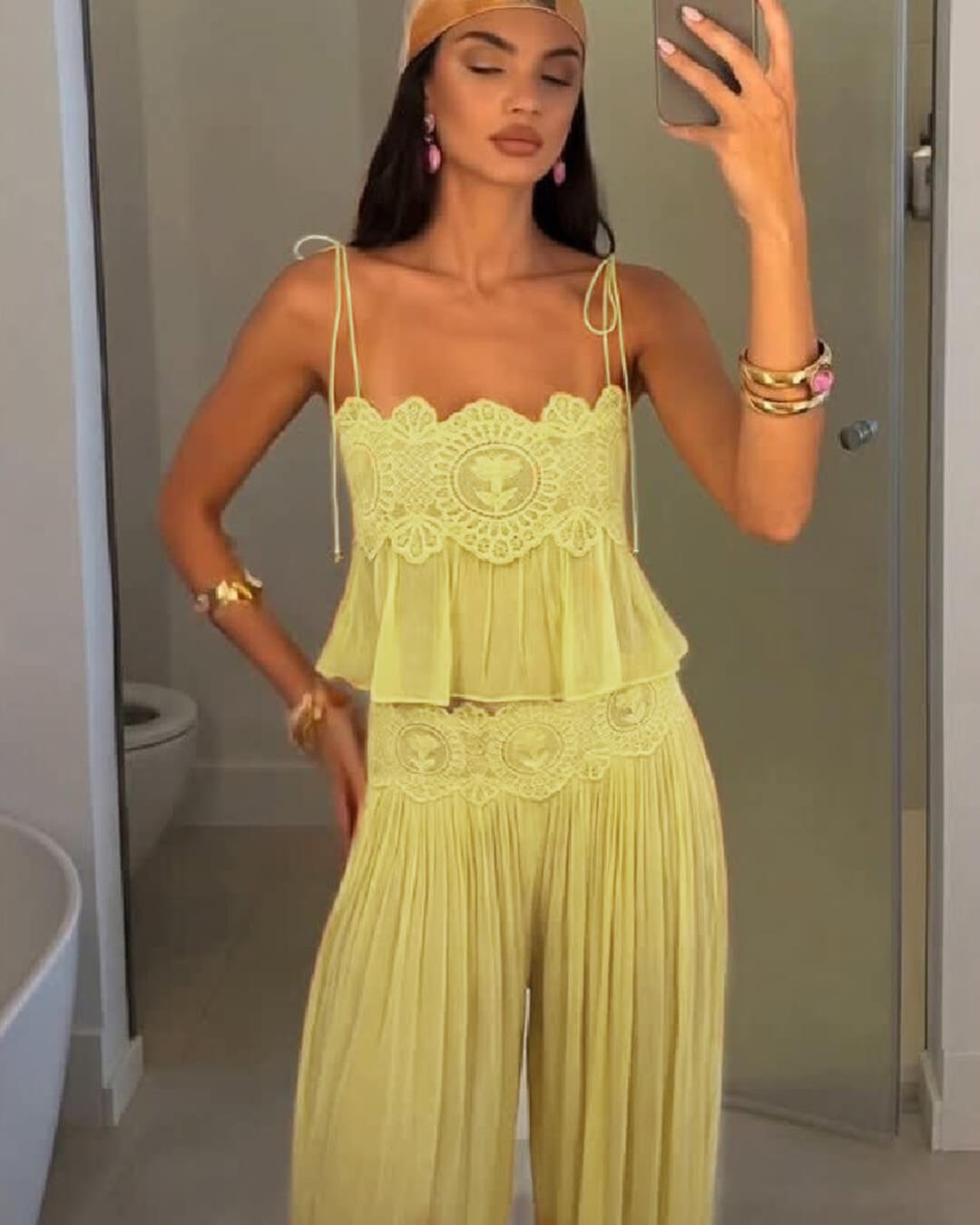 Sophia conjunto de calças em chiffon e renda