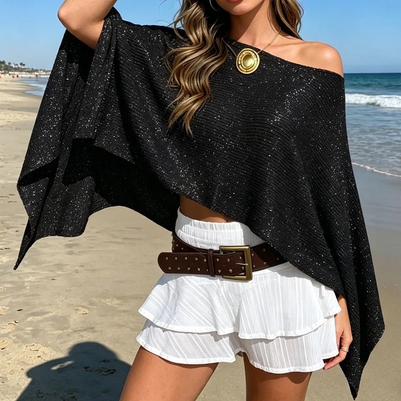 SOERA Bianca Shimmer Off - Shoulder Poncho Cape - Poncho -  Black