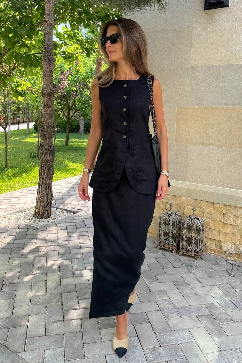 SOERA Lorelei Linen Vest High Waist Skirt Set - Set -  Black L