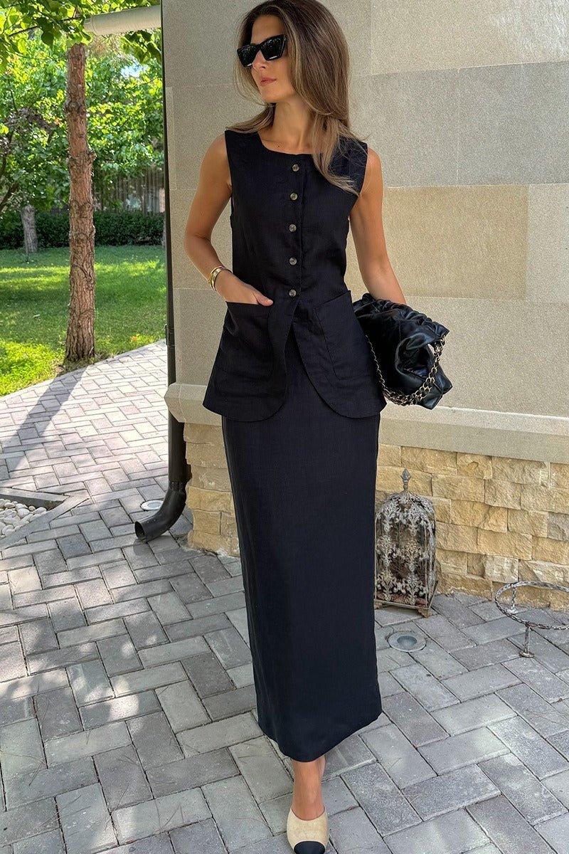 SOERA Lorelei Linen Vest High Waist Skirt Set - Set -  Black S