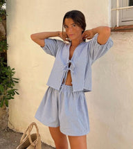 Juliet Conjunto de Ombros Bufantes em Xadrez Azul