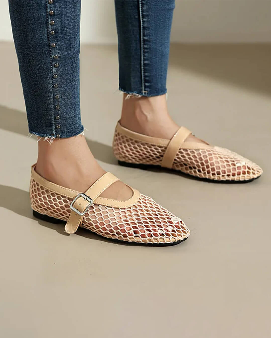 SOERA Bianca Buckled Mesh Ballet Flats - Shoes -  Beige 36