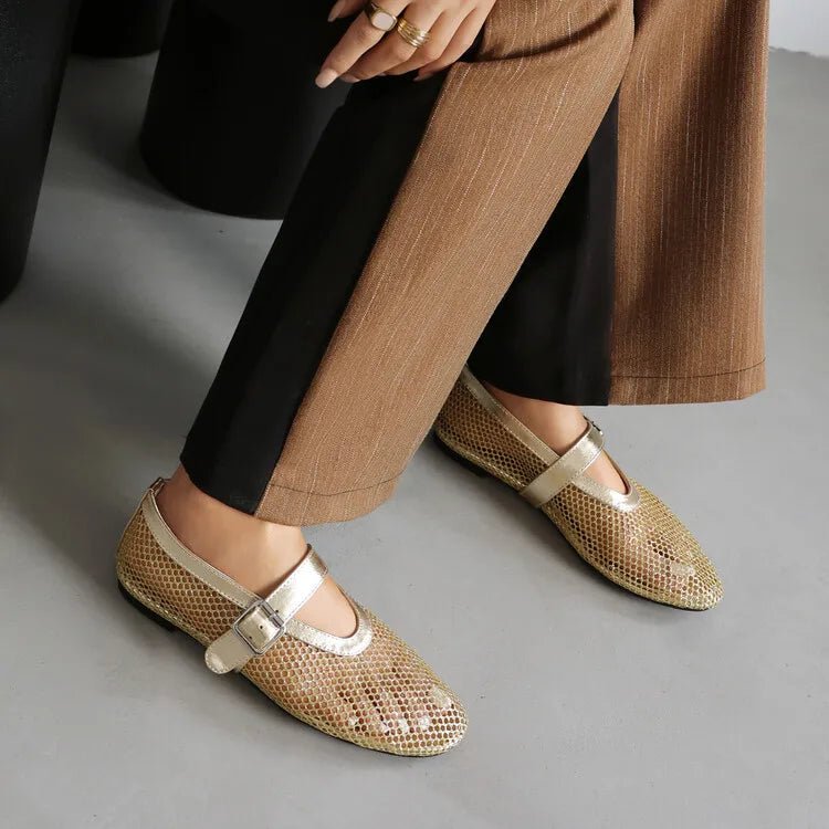 SOERA Bianca Buckled Mesh Ballet Flats - Shoes -  Gold 35