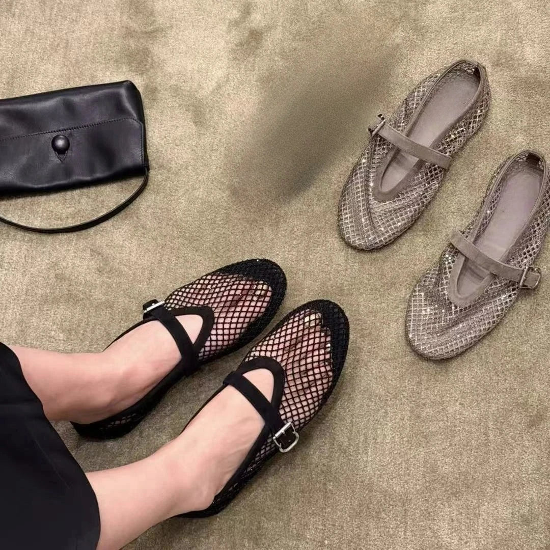 SOERA Jessica Rhinestone Mesh Ballet Flats - Shoes -  Black 37