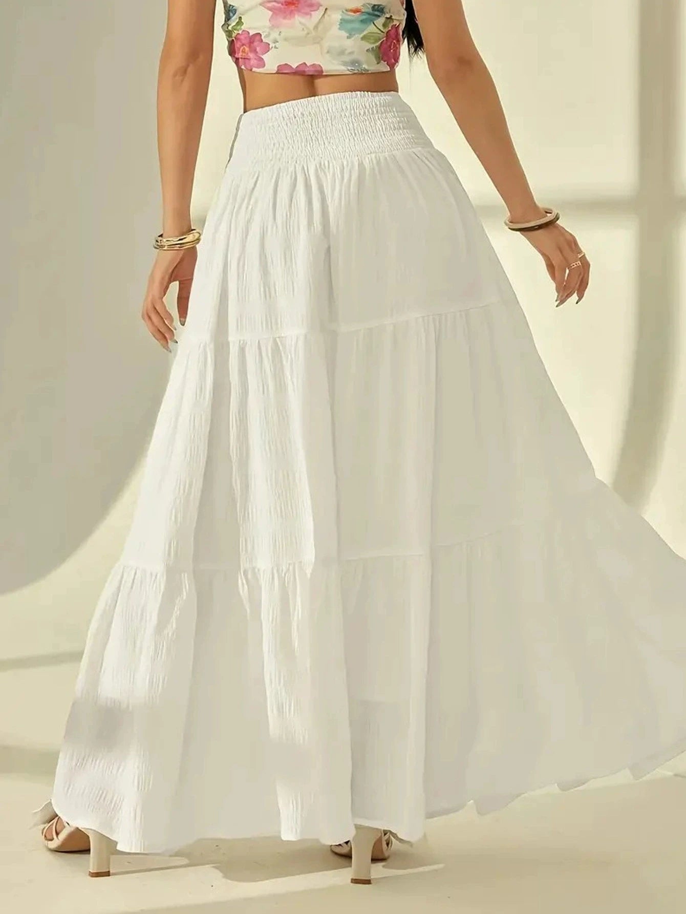 SOERA Calla Tiered Maxi Skirt Elastic Waist - Skirt -  White L