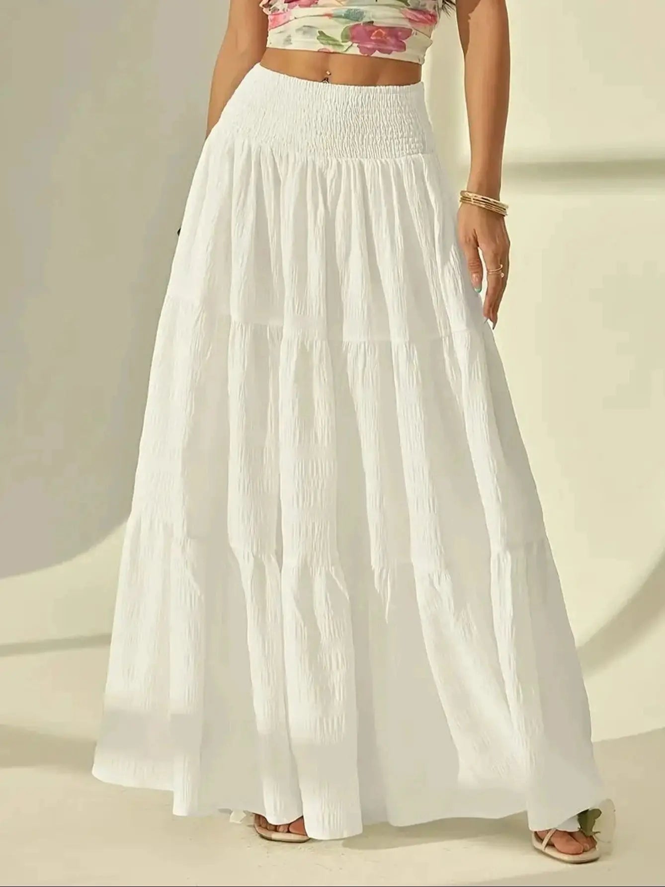 SOERA Calla Tiered Maxi Skirt Elastic Waist - Skirt -  White XXL