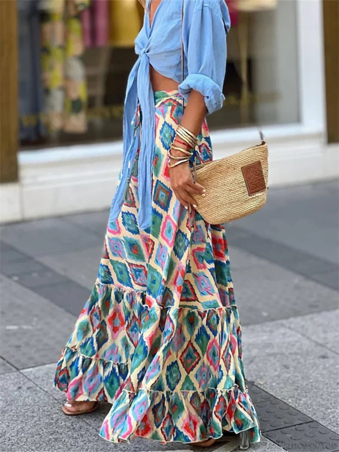 SOERA Celeste Flowy Boho Print Ruffled Hem Skirt - Skirt -  Teal Blue S