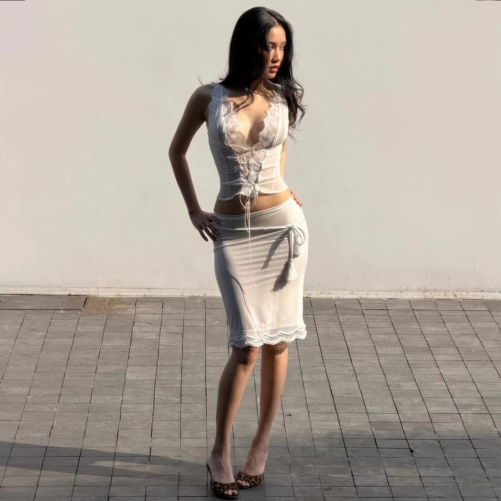 SOERA Guinevere Lace Trim Tie Back Skirt Set - Skirt - SOERA-559363-WHI-S-93283 White Set (Top+Skirt) S
