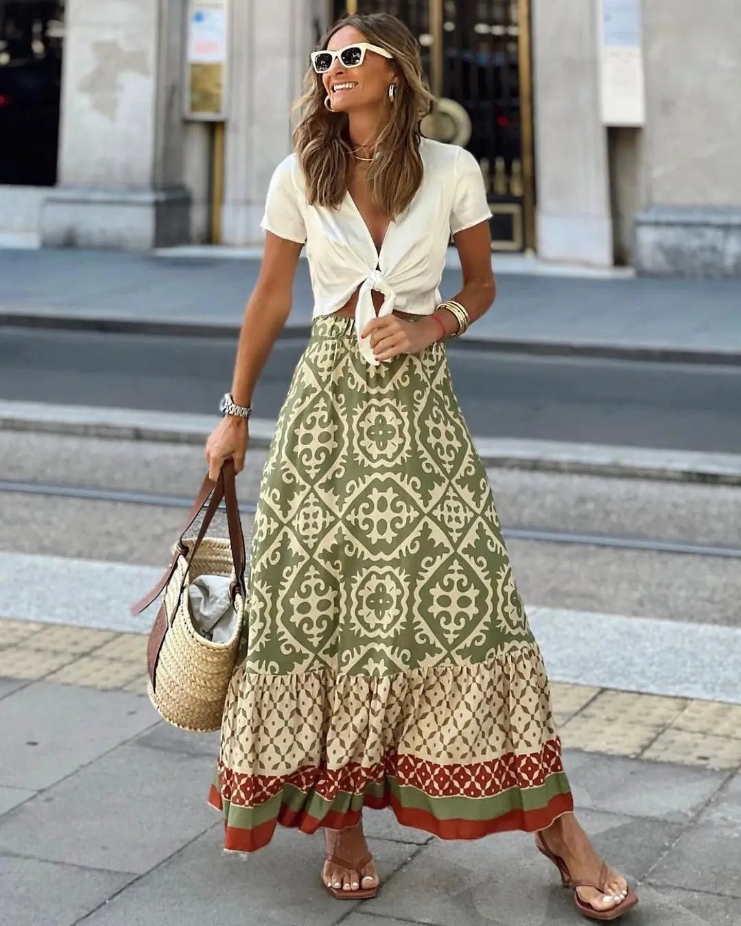 SOERA Zara Boho Printed Midi Swing Skirt - Skirts -  Olive S