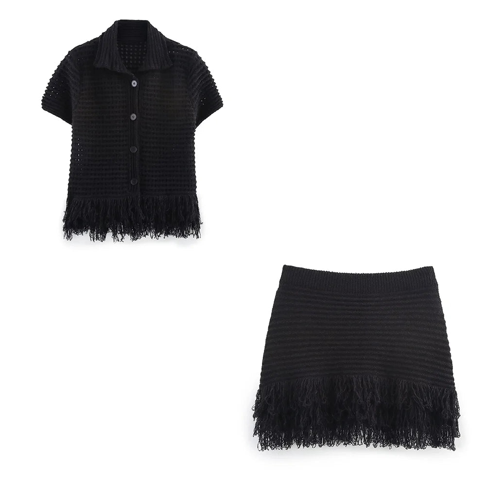 SOERA Beatrice Knitted Tassel Skirt Set - Suit -  Black Set