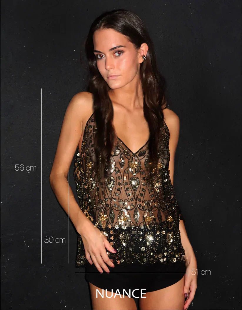 SOERA Beatrice Embellished Sequin Sheer Top - Top -  Gold XS