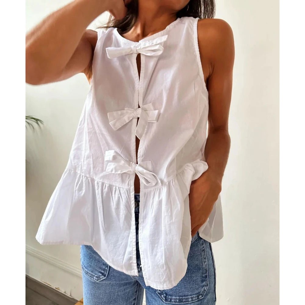 SOERA Bianca Bow - Tie Peplum Tank Top - Top -  White S