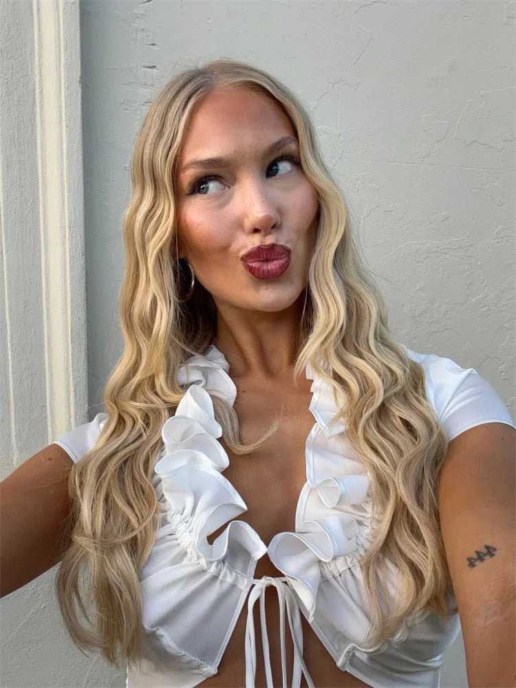 SOERA Bianca Ruffled Lace-Up Cropped Tank - Top -  White S
