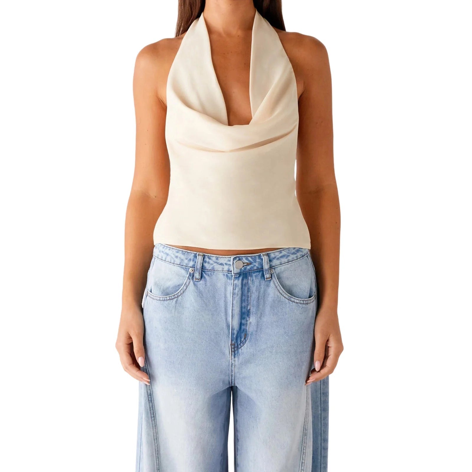 SOERA Addison Deep Neck Halter Tank Top - Tops - Ul1774532669749969826 Beige S