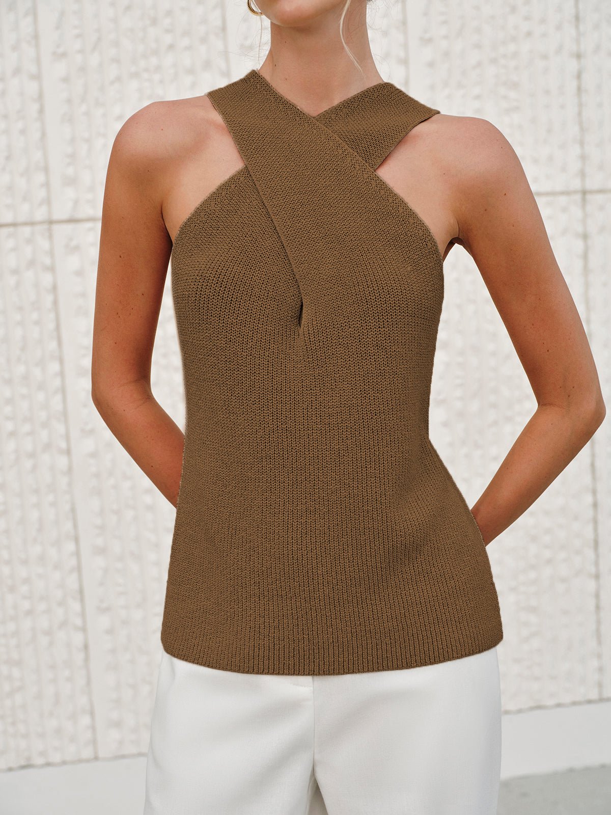 SOERA Ginny Halter Cross - Over Collar Tank Top - Tops -  Brown XS