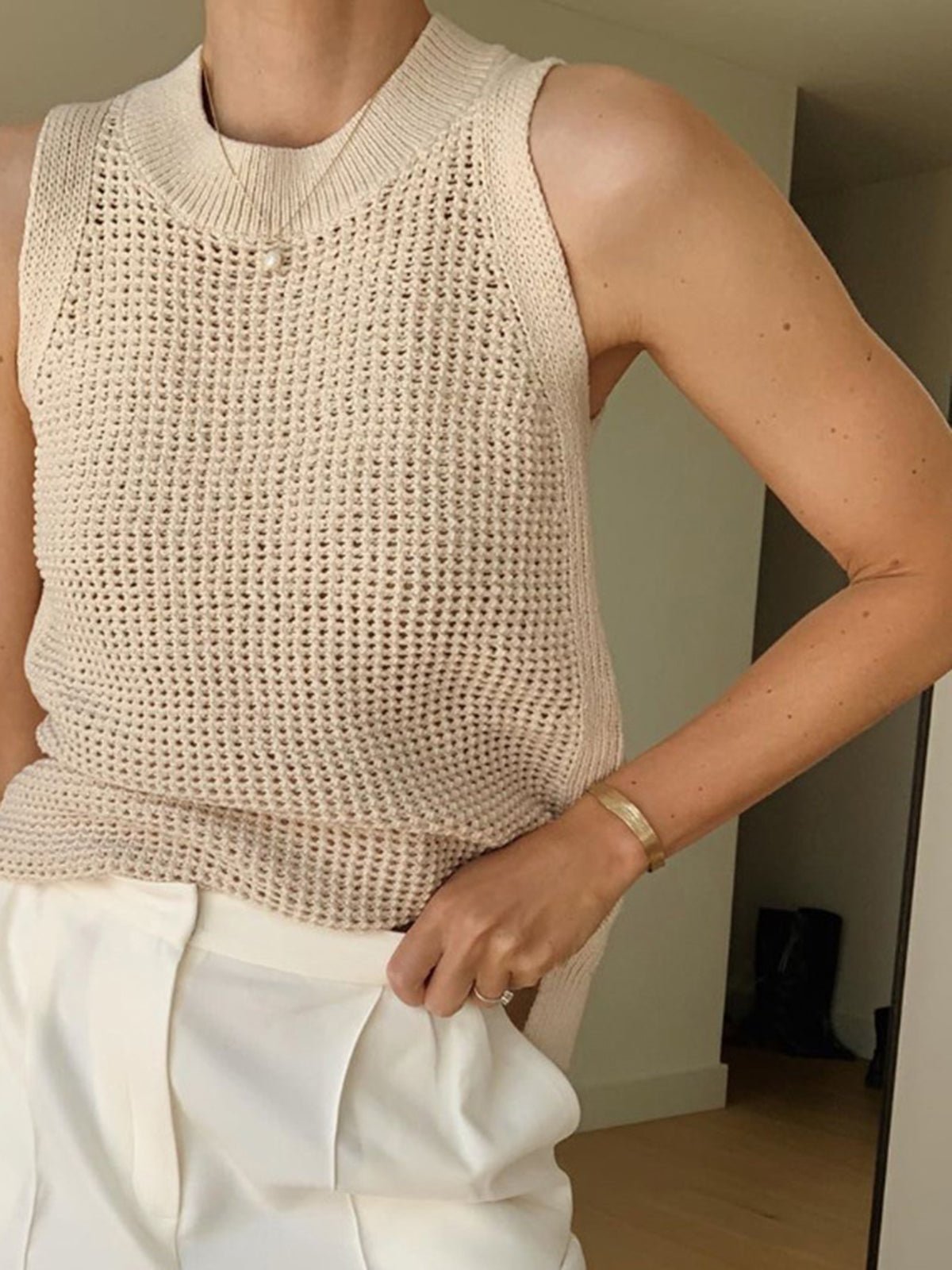 SOERA Jamilla Hollow Knit Tank Top - Tops -  Beige S