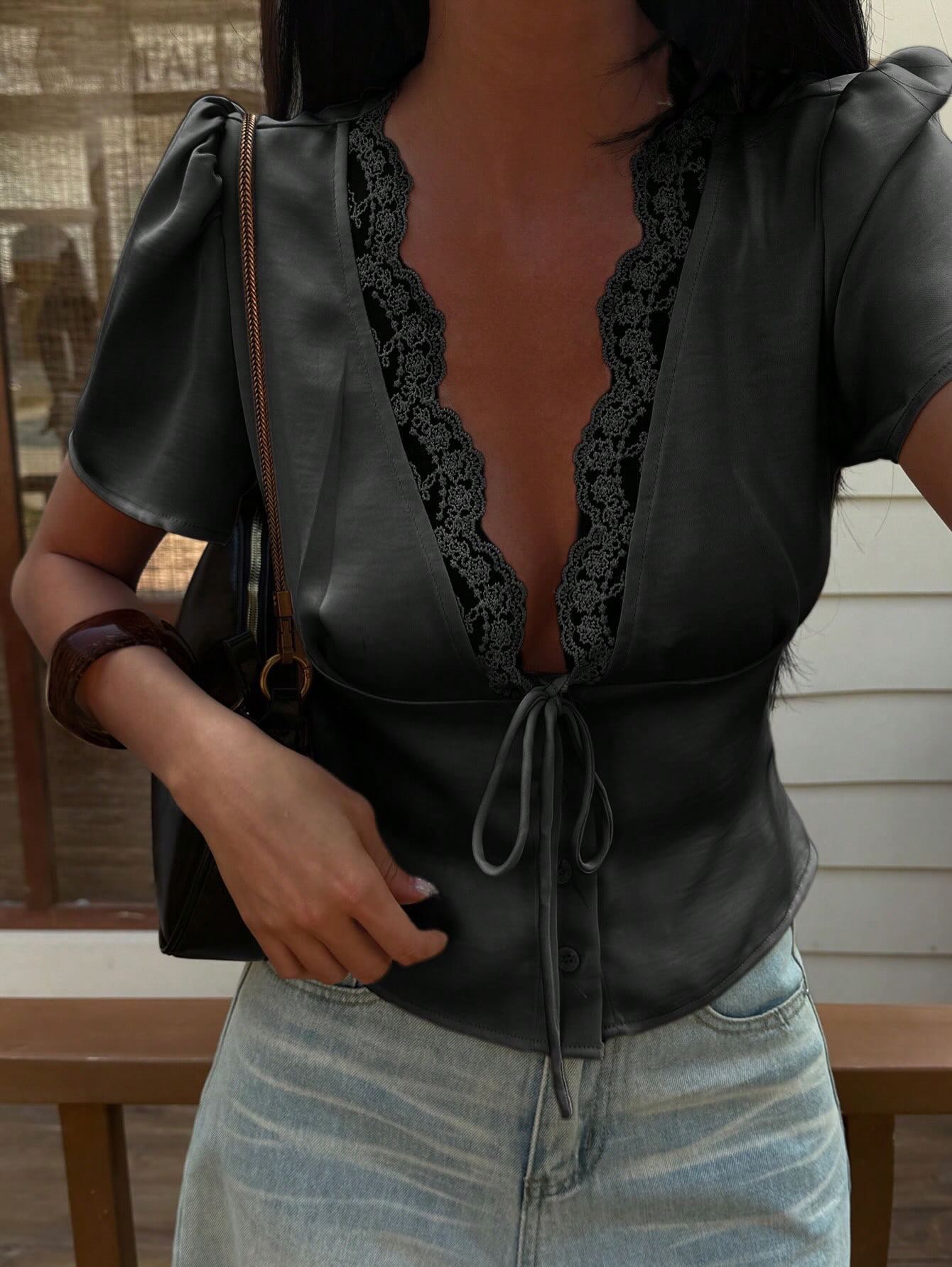 SOERA Nathalie Satin Lace Blouse - Tops -  Black M