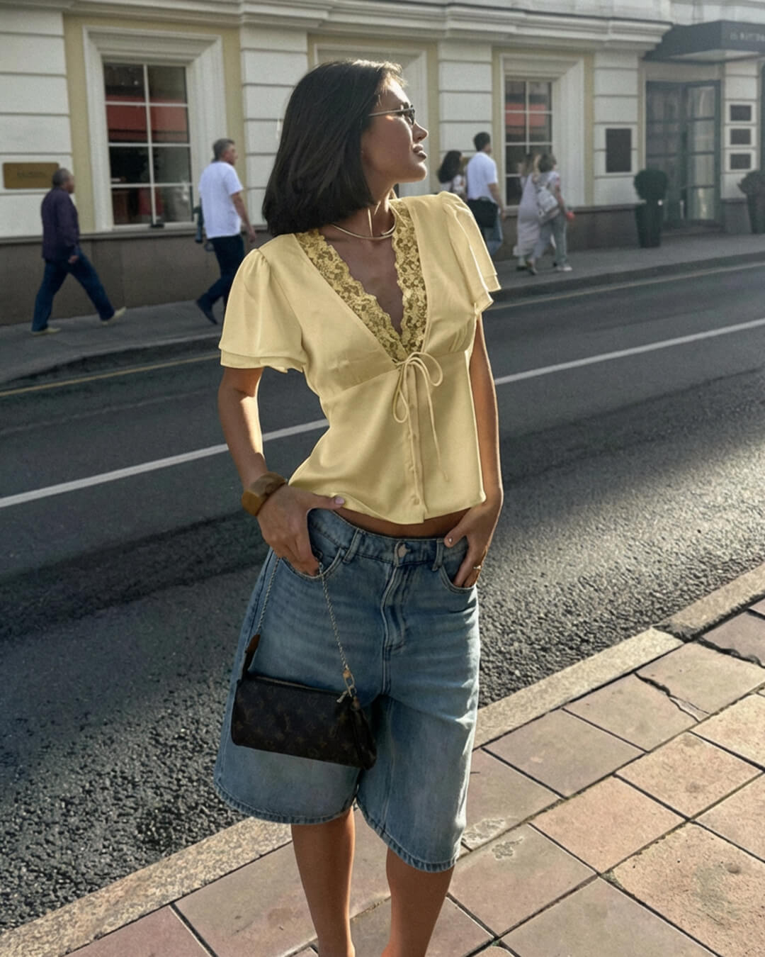 SOERA Rosette Lace Short Sleeve V - Neck Top - Tops -  Light Yellow M