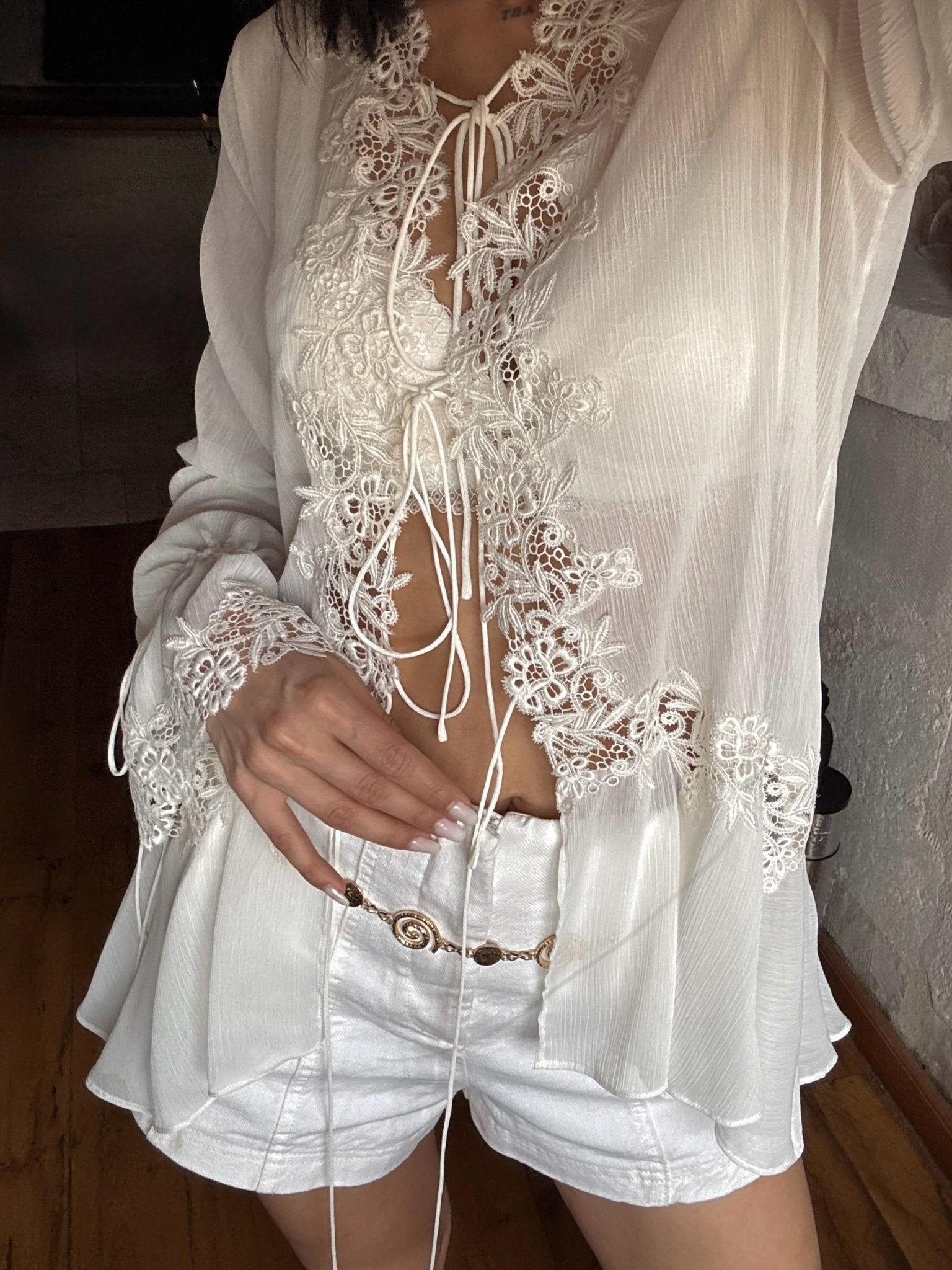 SOERA Simone Front-Tie Lace Appliqué Top - Tops - SOERA-385667-M-OS-61347 M