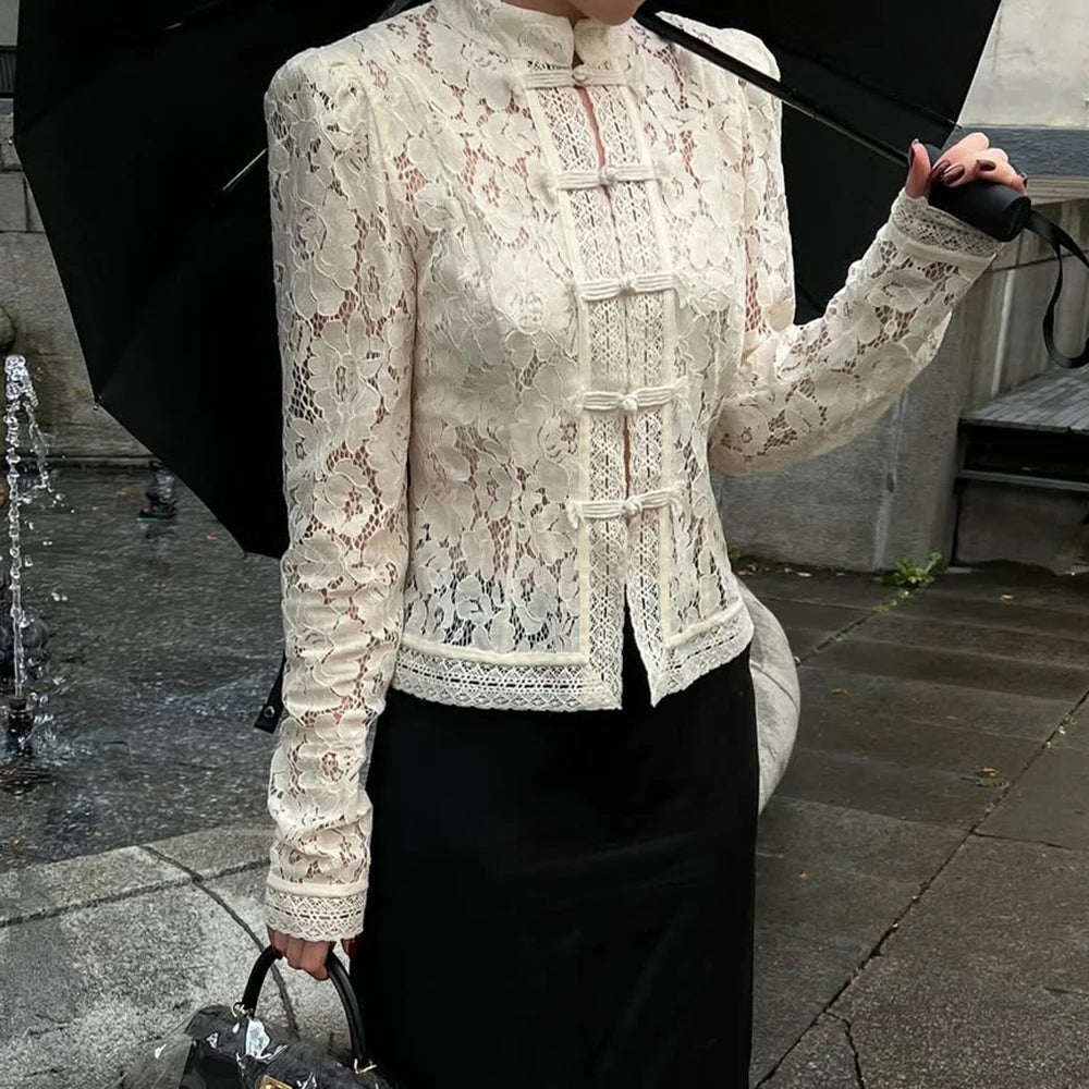 SOERA Suzan Long Sleeve Lace Blouse - Tops - 1005009268939981-;ho1769670009987819196 Beige S