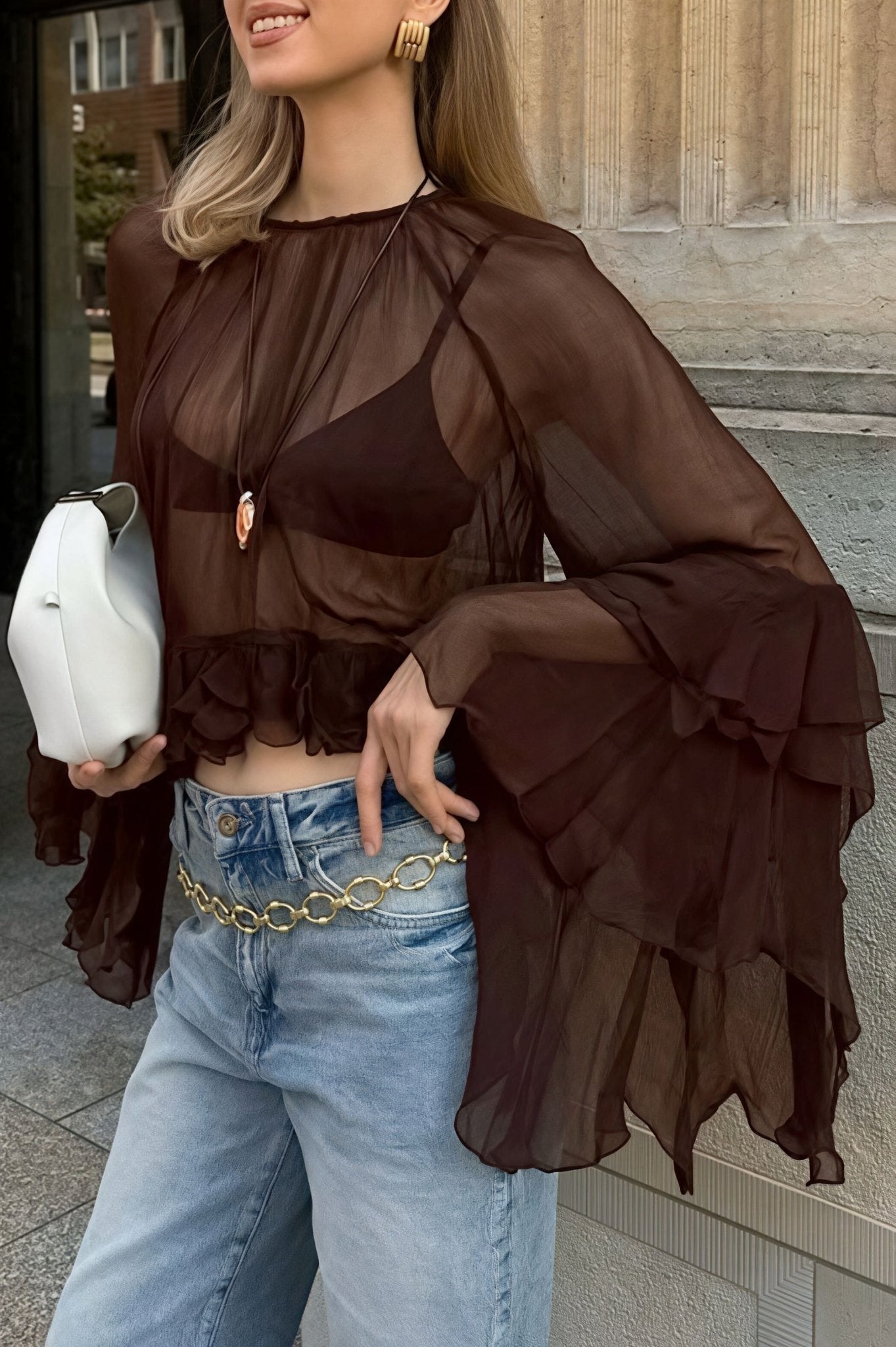 SOERA Greta Ruffled Bell Sleeves Chiffon Blouse - Women’s Blouses - qz1776026011578715385 L