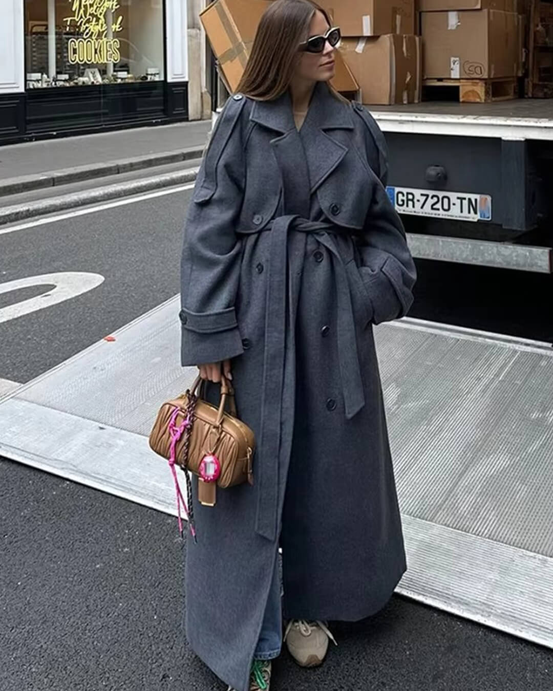 Alicia Gray Belted Long Coat in Dark Gray, Women's Double-Breasted Woolen Long Coat, Belted Lapel Full Sleeve Autumn Winter Outerwear for Women, SOERA Alicia Gray Belted Long Coat in Dark Gray, Women's Double-Breasted Woolen Long Coat, Belted Lapel Full Sleeve Autumn Winter Outerwear for Women, SOERA