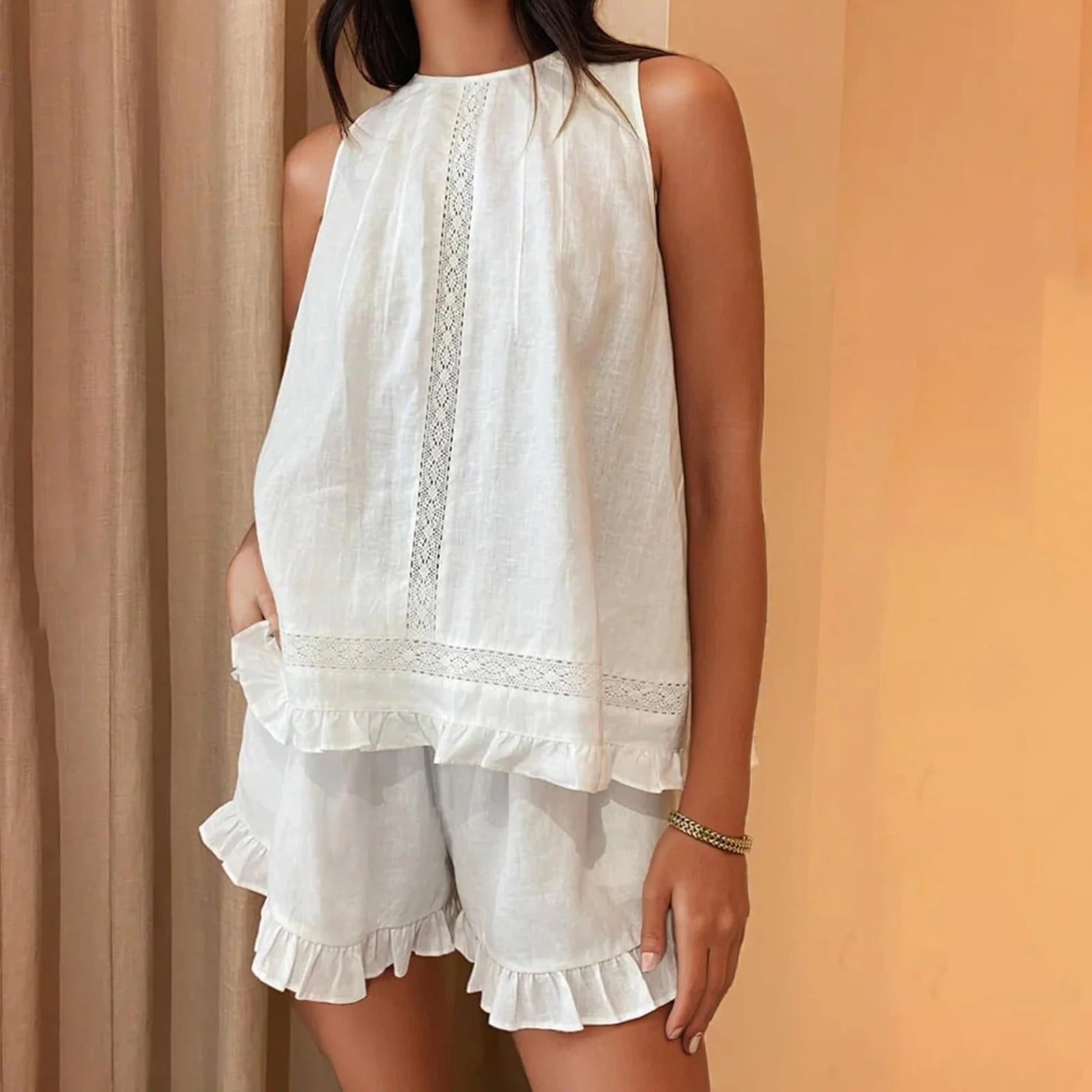 SOERA Dahlia Ruffled Trim Sleeveless Shorts Set - Women's Sets - 1005009740700644-;Av1775118771886915221 White M