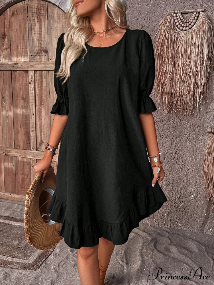 Abito smock Celeste con volant sull’orlo