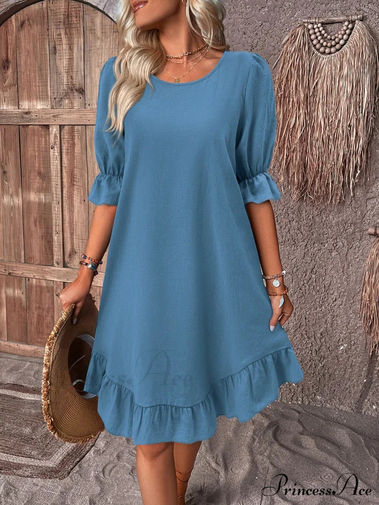 Abito smock Celeste con volant sull’orlo