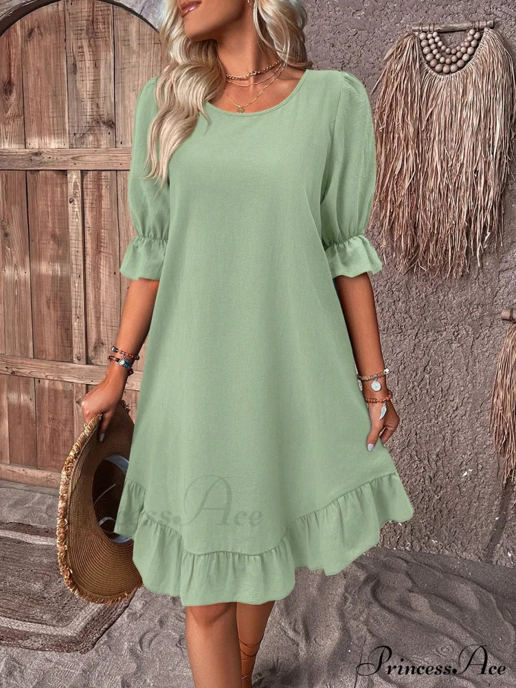 Abito smock Celeste con volant sull’orlo