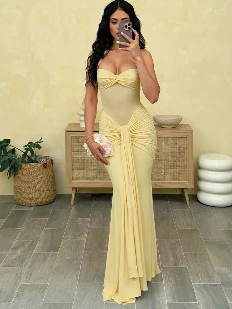 Veracity Gathered Maxi Dress in Yellow, Women's Gathered Maxi Dress, Sleeveless Evening Wear, SOERA